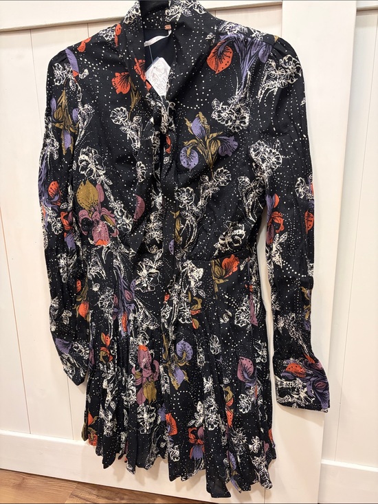 Free People Dresses & Skirts - Free People Black Floral Long Sleeve Tie-Neck Mini Dress